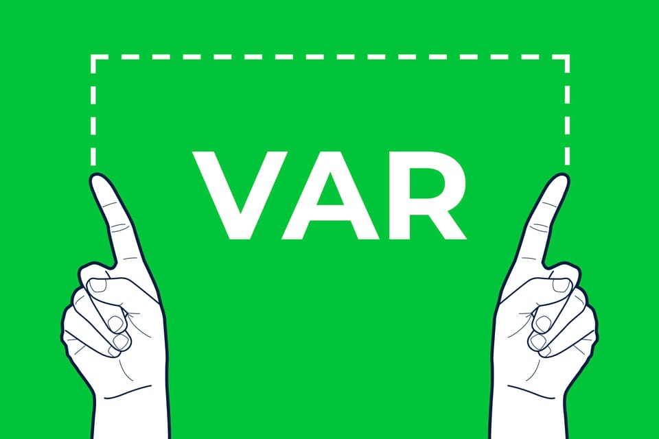 Illustration of Video Assistant Referee hand signal with two drawn hands on a lime green background. The hands are using pointer fingers to trace a tv-shaped rectangle. 